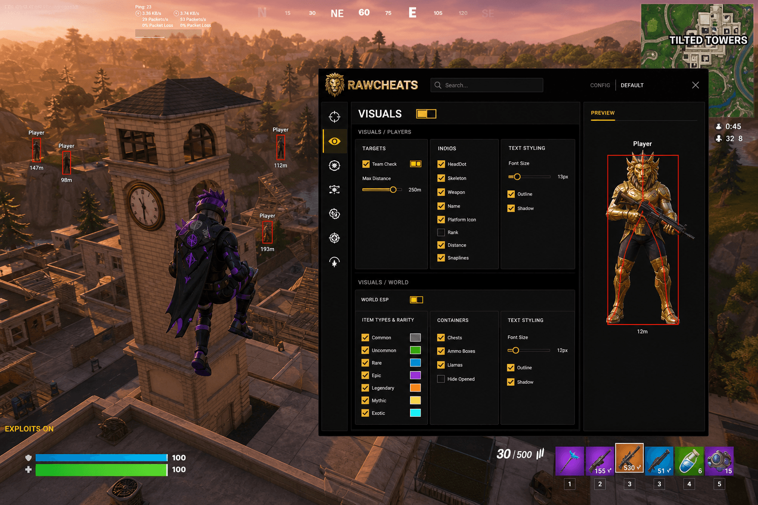 Fortnite Exploits — Exploits (2026) — in-game screenshot showing RawCheats overlay