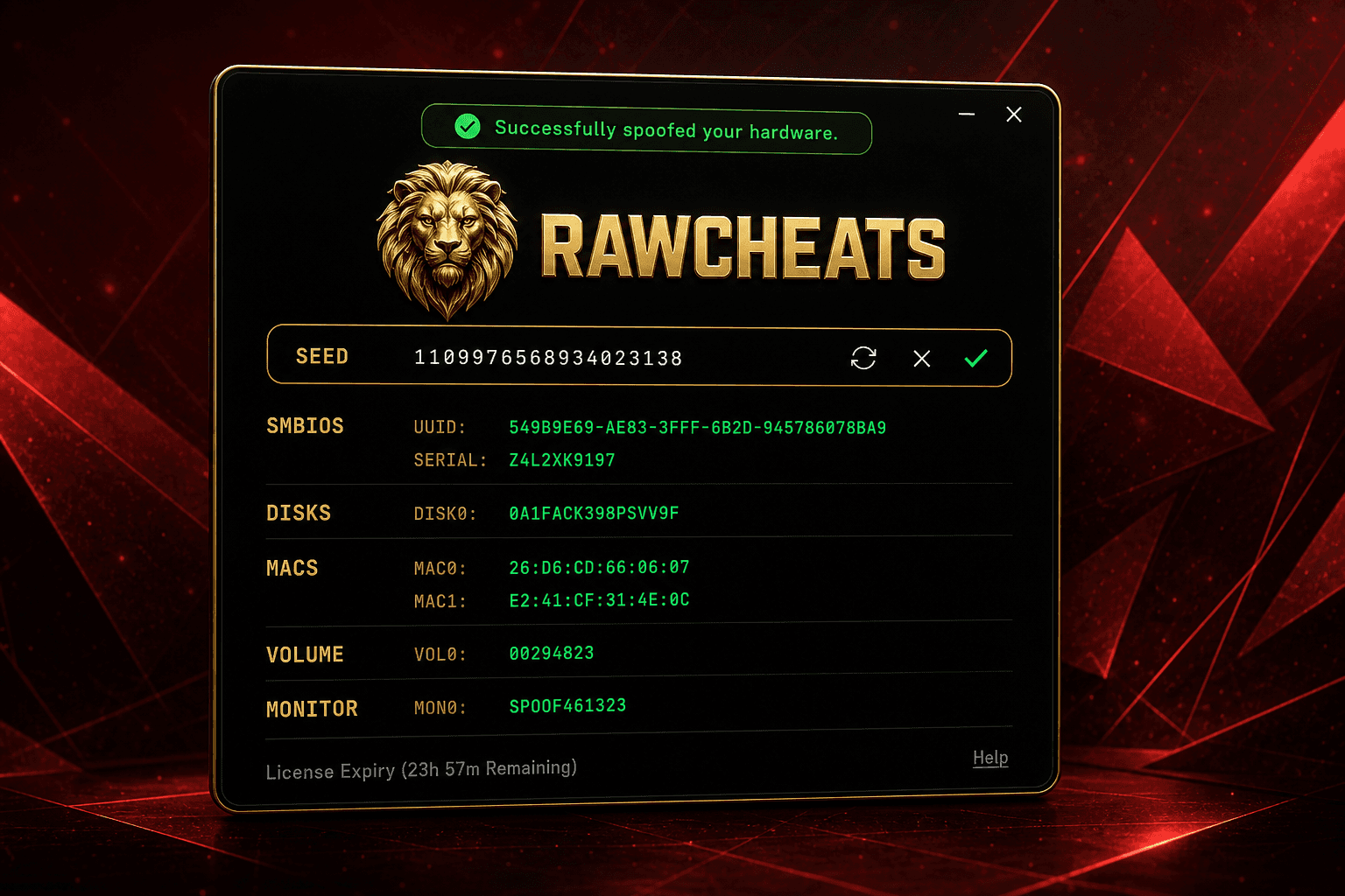 RawCheats Spoofer dashboard — 16-identifier hardware fingerprint randomization across SMBIOS, motherboard, disk, MAC, GPU, RAM, TPM, BIOS and more